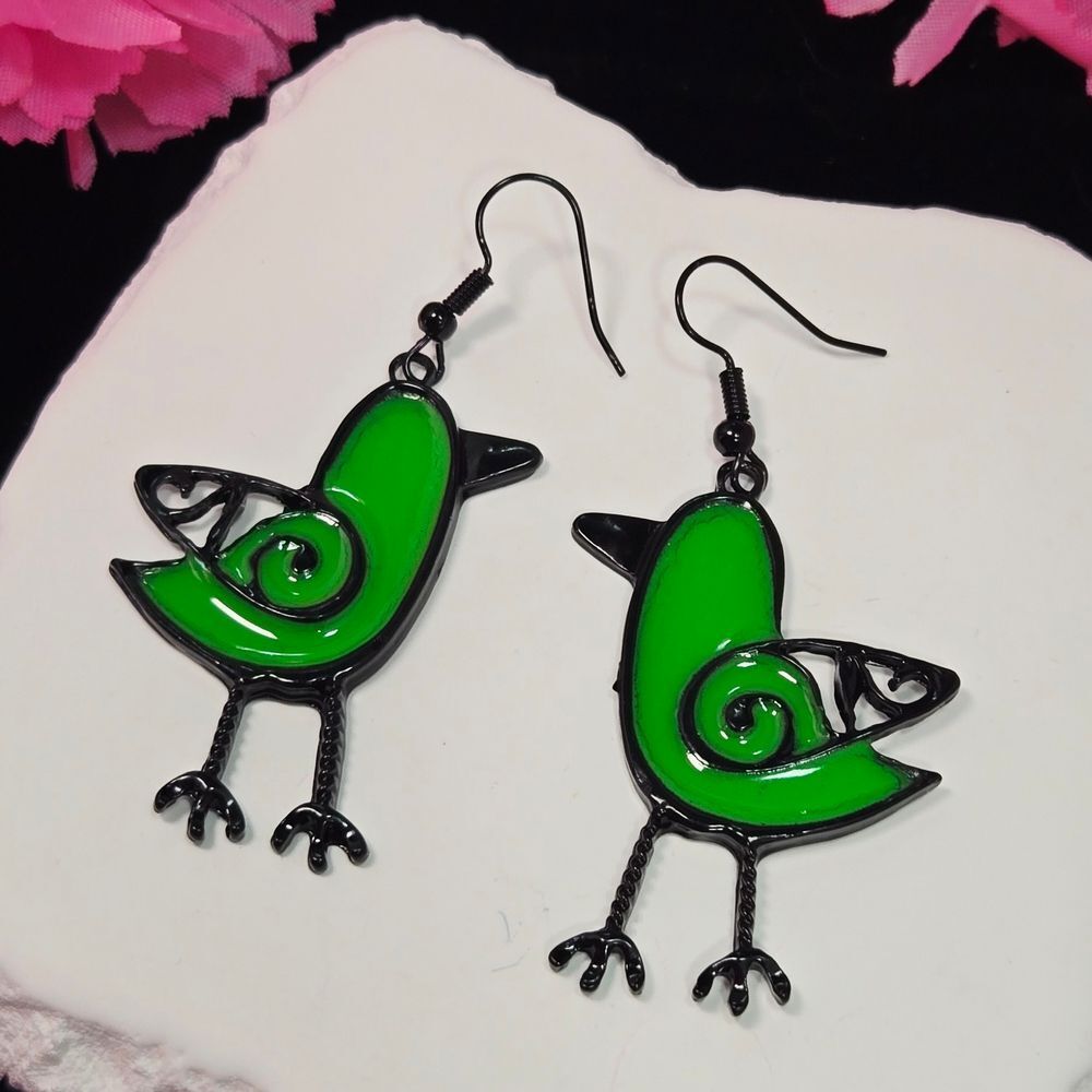 Green Stained Glass Bird Earrings – Enamel Art Dangle Statement Artisan Bohemian